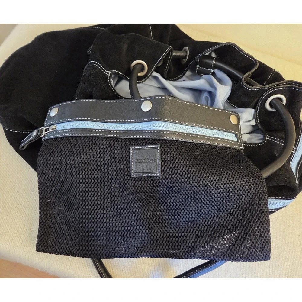 Cole Haan Black Suede Bucket Bag Drawstring Hobo Large Leather Handle Blue Trim